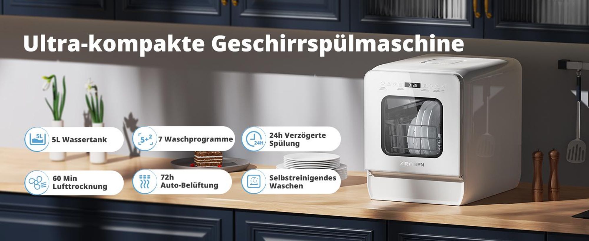 AIRMSEN Tischgeschirrspüler ECO-Modus,5L wassertank,9 Programme,Selbstreinigend, 1-24H Timer 5l, 4 Maßgedecke, Geeignet für Hausküchen, Wohnungen