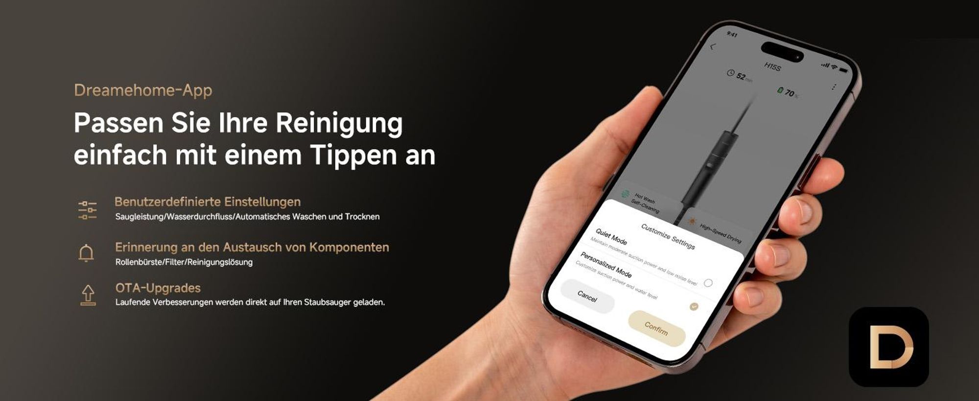 Dreame H15S Nass- und Trockensauger,3-fache Kantenreinigung,KI-Roboterarm,21000Pa Saugkraft,verhedderungsfrei,leise 90°C Trocknung,flaches 180°-Design