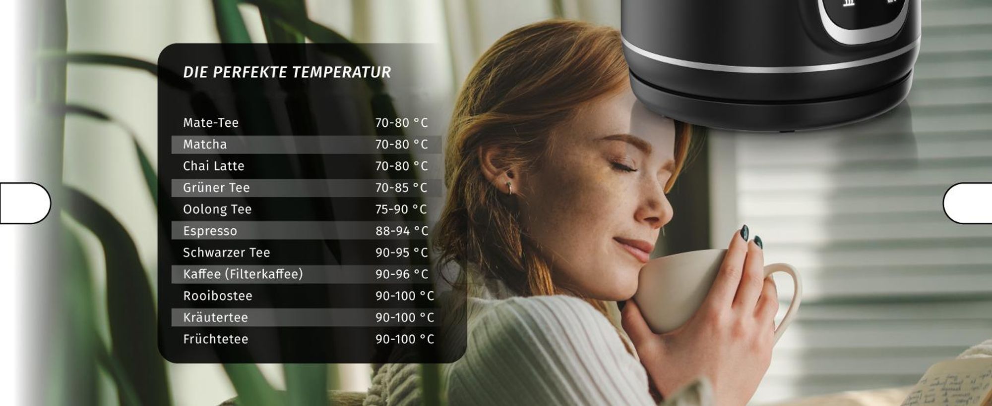 Arendo Wasserkocher QUICK TOUCH 1,7 l, Temperaturtabelle für Tee und Kaffee