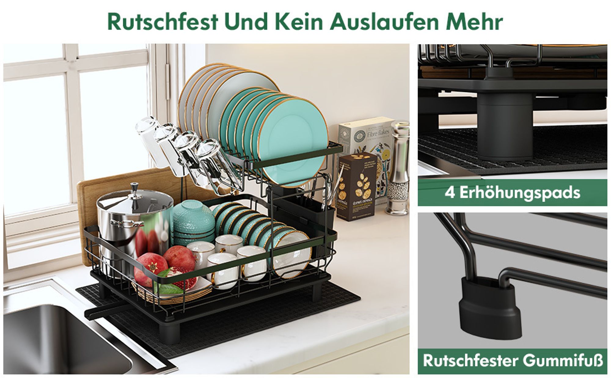 Abtropfgestell Geschirr, 2-Stufiges Geschirrabtropfgestell mit Abtropfschale und Abtropfmatte, Edelstahl-Abtropfgestell mit Utensilienhalter
