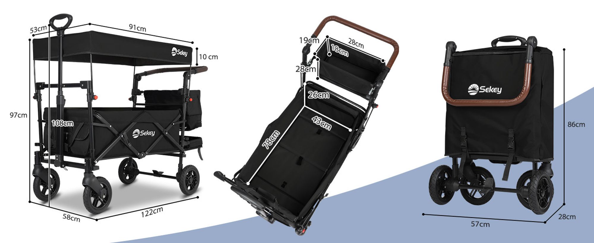 Sekey Bollerwagen Faltbar mit Dach und Sitz, Bollerwagen für 2 Kinder, mit 3-Punkt Gurtsystem, Schwarz