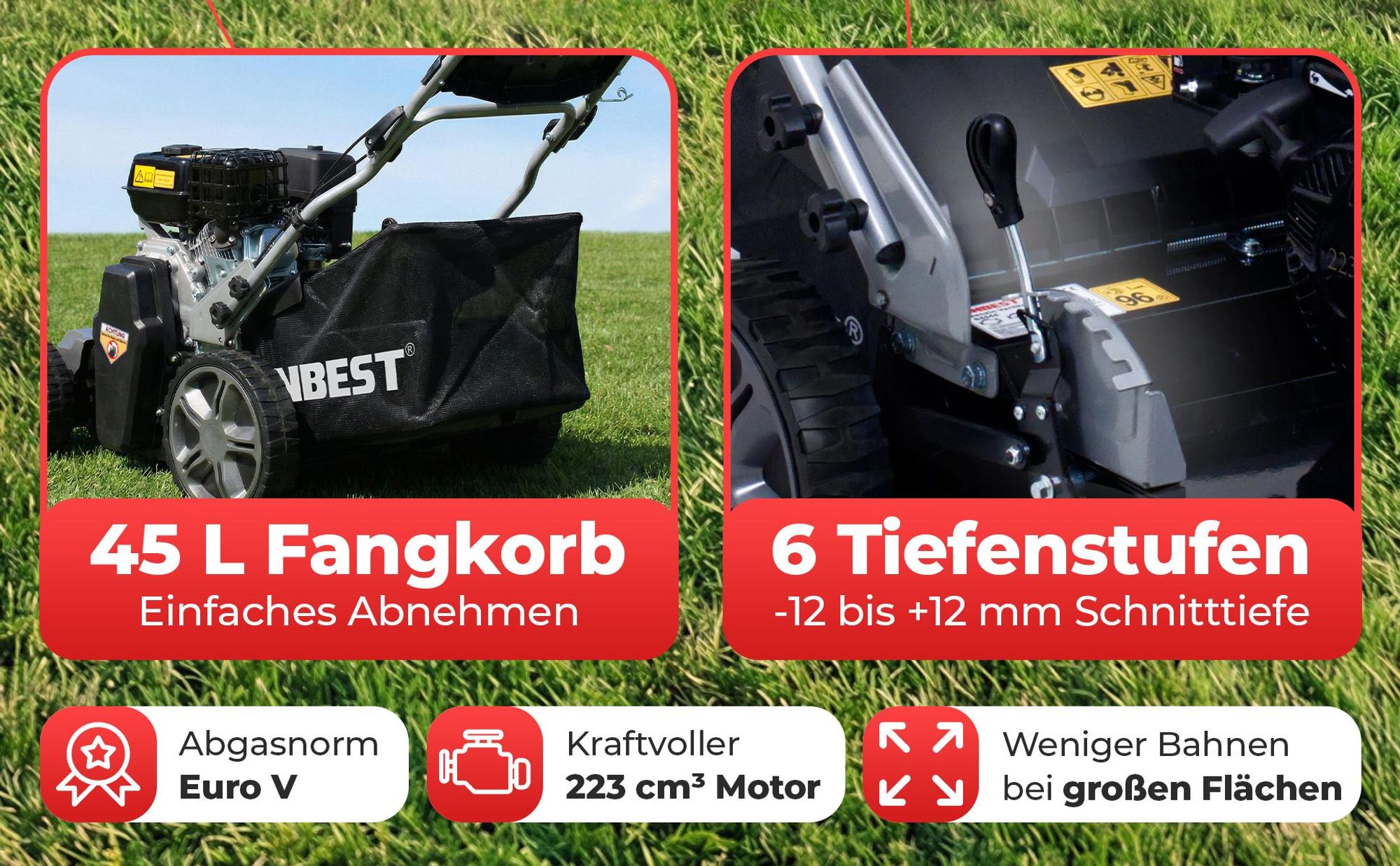 Vertikutierer Benzin ONBEST S4544 | 2in1 Rasenlüfter | 44 cm Arbeitsbreite | 4,5 kW / 6,12 PS | 45 L Fangkorb