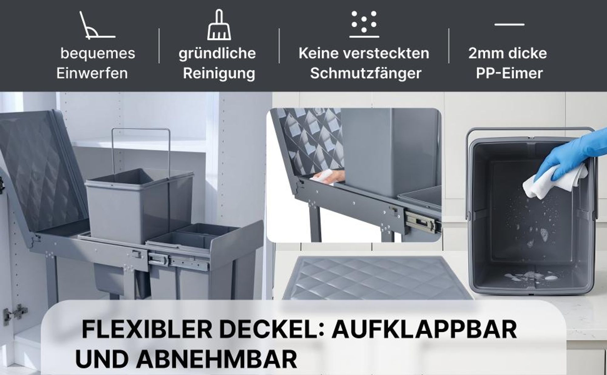 MinteLiv Einbaumülleimer 20L+2x10L Mülltrennsystem Ausziehbar, Stahlrahmen, 48x33,5x42cm