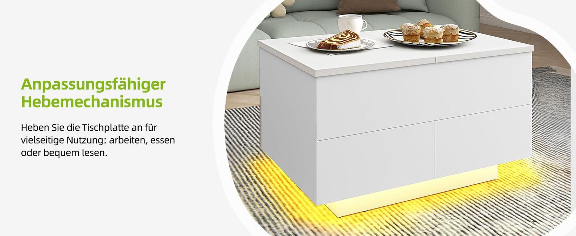 Couchtisch Beistelltisch mit LED-Beleuchtung und 4 Schubladen, Sofatisch, Höhenverstellbar Tischplatte, 80x55x46cm, Weiß