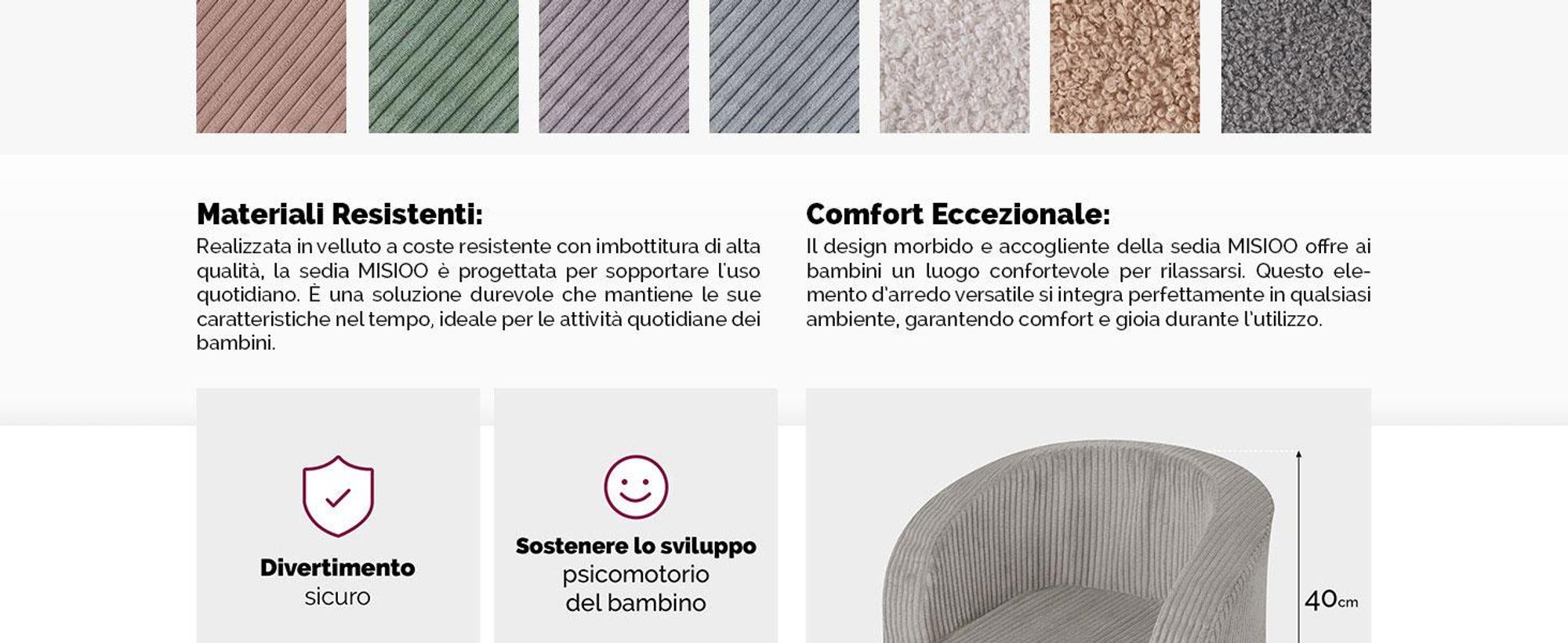MISIOO Poltrona per bambini da 1 anno - Poltrona Premium in velluto a coste per bambini - Stabile e morbida - Imbottita ergonomicamente - 40x53x36 cm