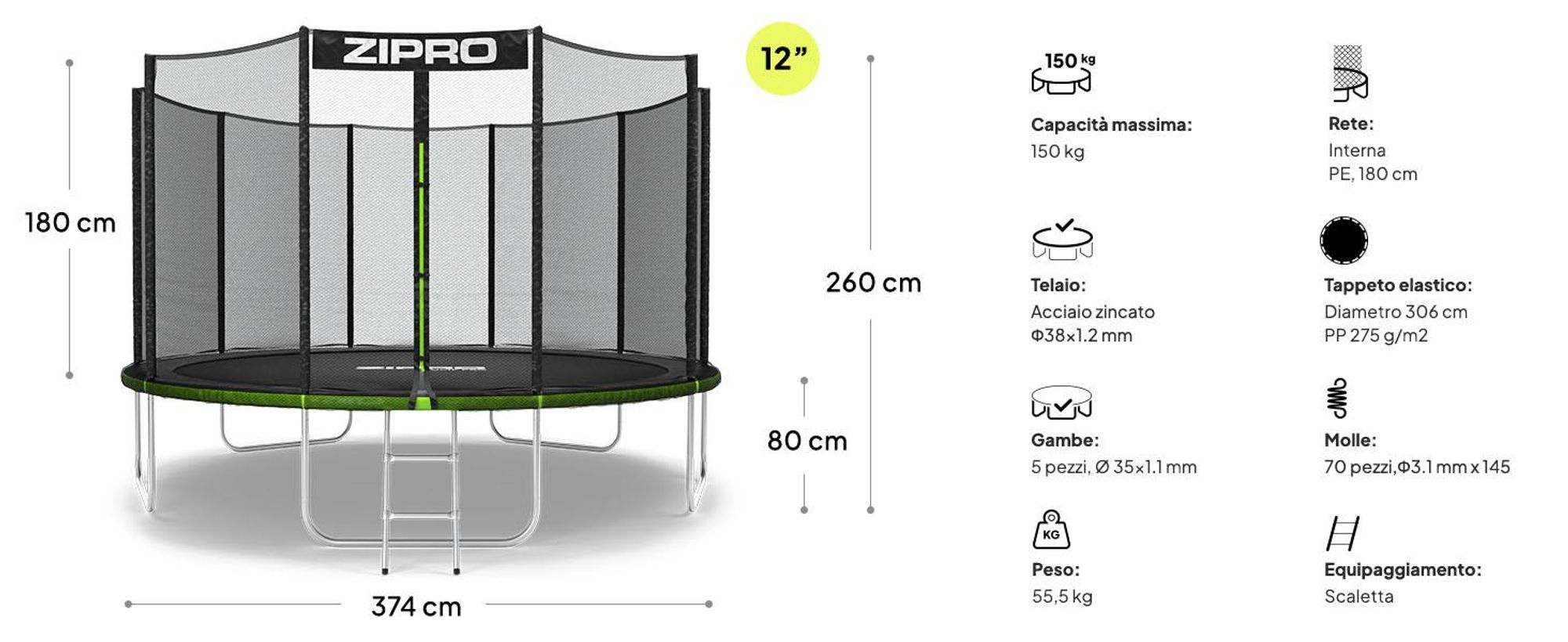 ZIPRO Trampolino Jump Pro Out | 12FT Ø 374 cm | Trampolino da giardino Trampolino per bambini Set completo incl. rete esterna, scaletta e copertura perimetrale, per esterni, verde