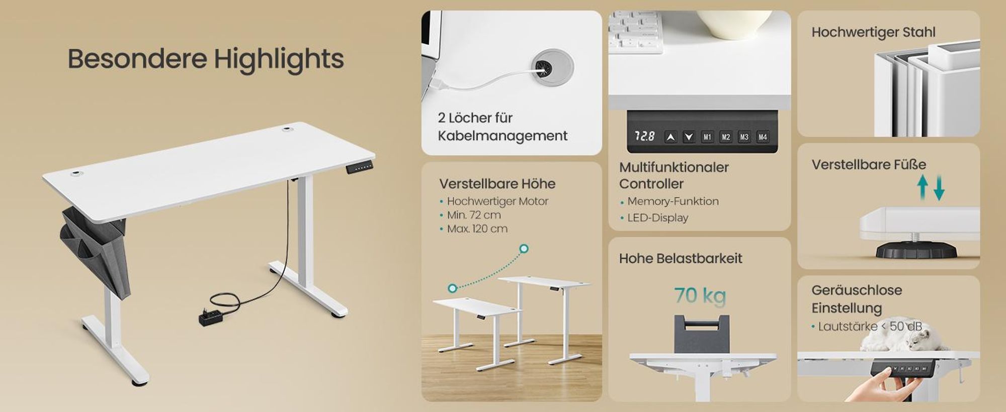 SONGMICS Höhenverstellbarer Schreibtisch elektrisch 140cm 4 Höhen weiß