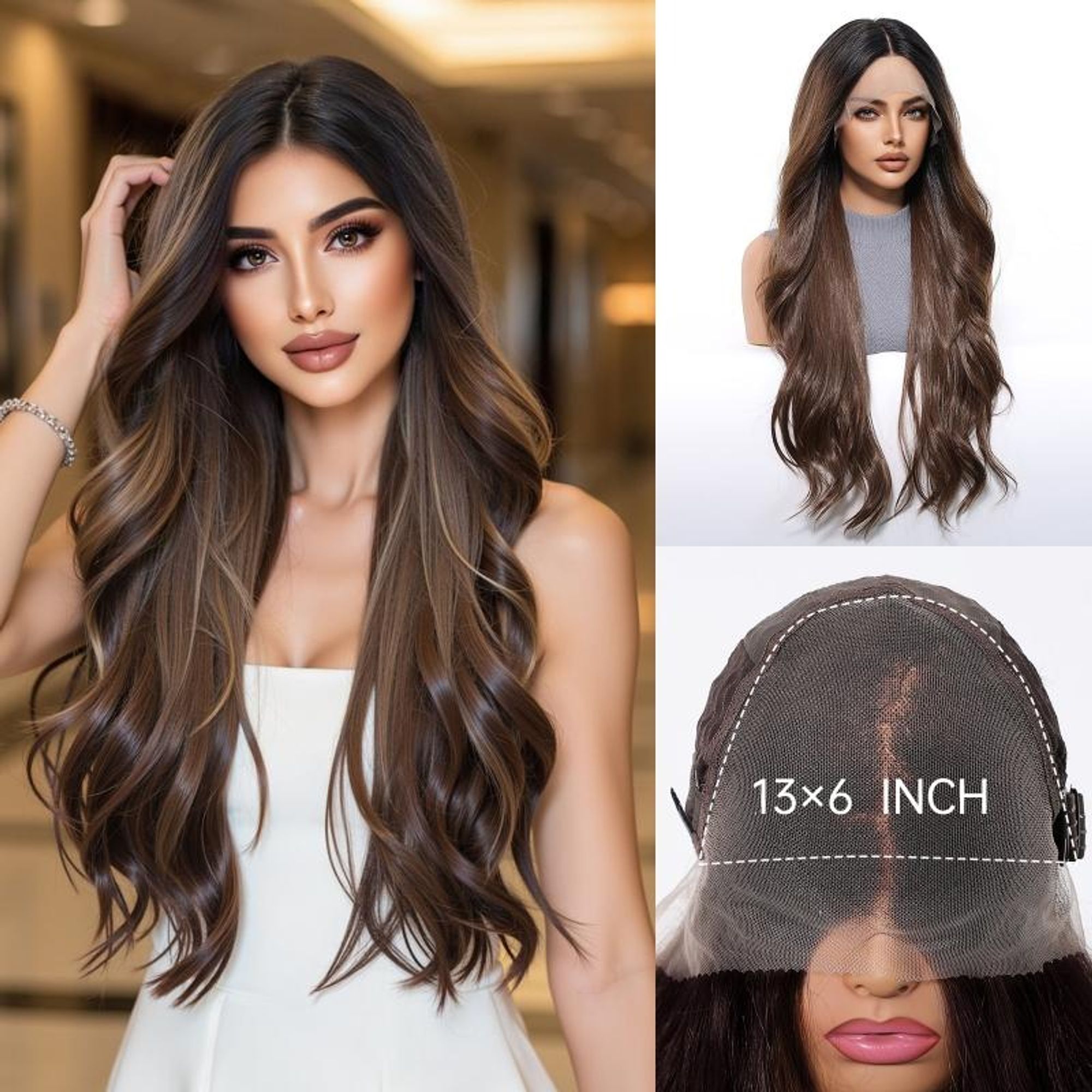 SassyGoods  Perücke Braun 66 cm – Lace Wig Damen Lang Wellig – Waschbar – Dunkelbraune Perücke – Hochwertiges Haarteil