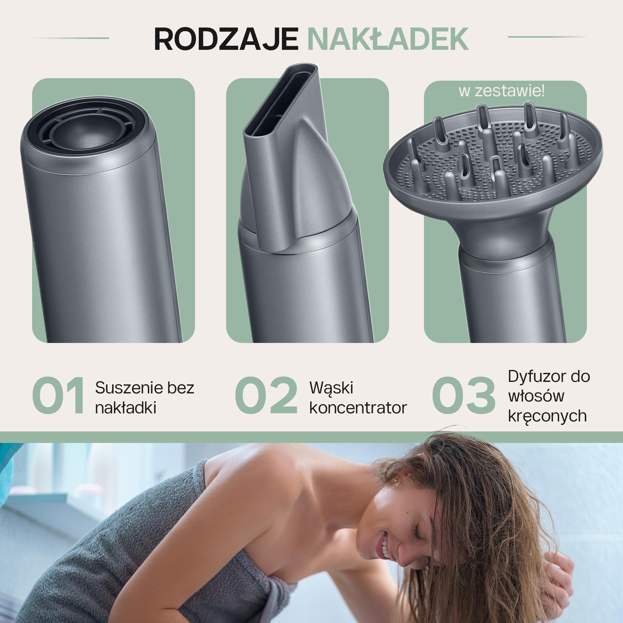 suszarka do włosów 4Swiss F424 AirPower+, 8 trybów suszenia, 110 000 obrotów na minutę, jony >500 milionów, magnetyczna końcówka do stylizacji, cicha i lekka.