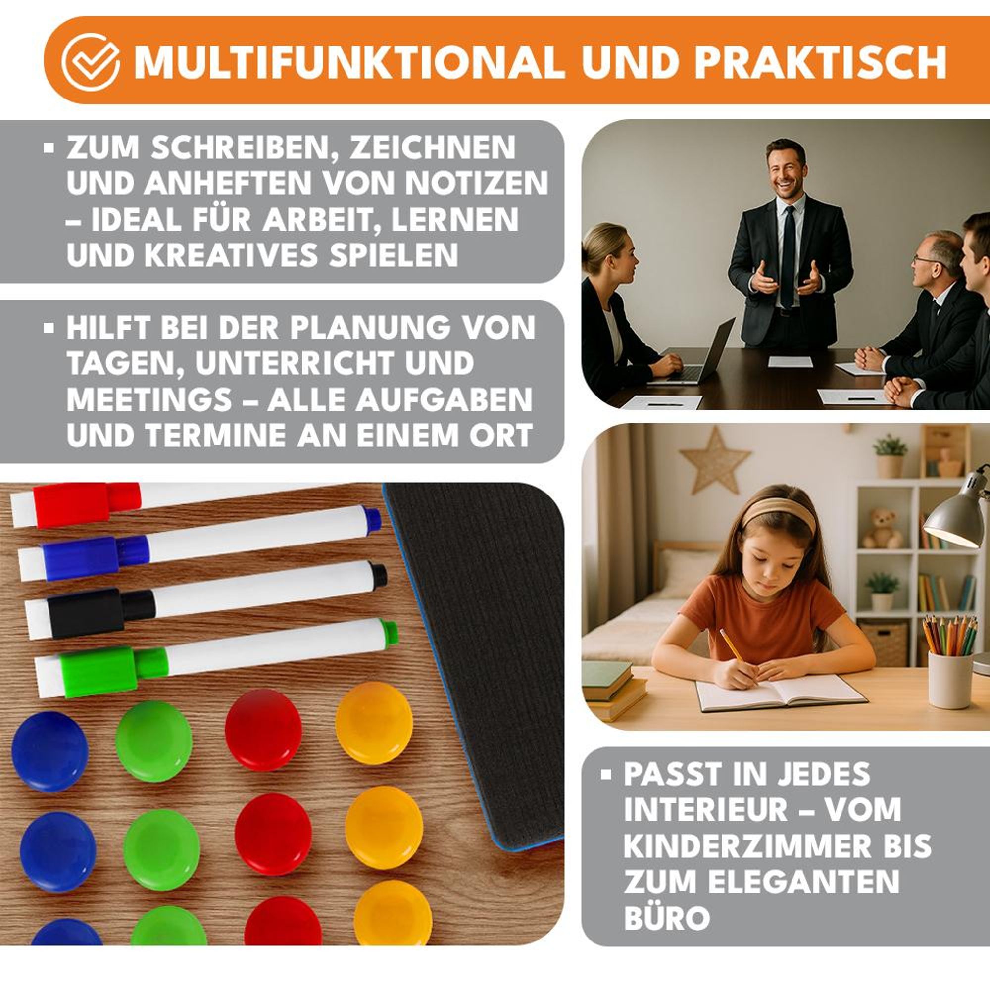 KRUMAD Whiteboard Magnetisch 60x40 cm – Magnettafel mit Zubehör, abwischbare Schreibtafel mit Metallrahmen – inkl. Stifte, Magnete & Radierer