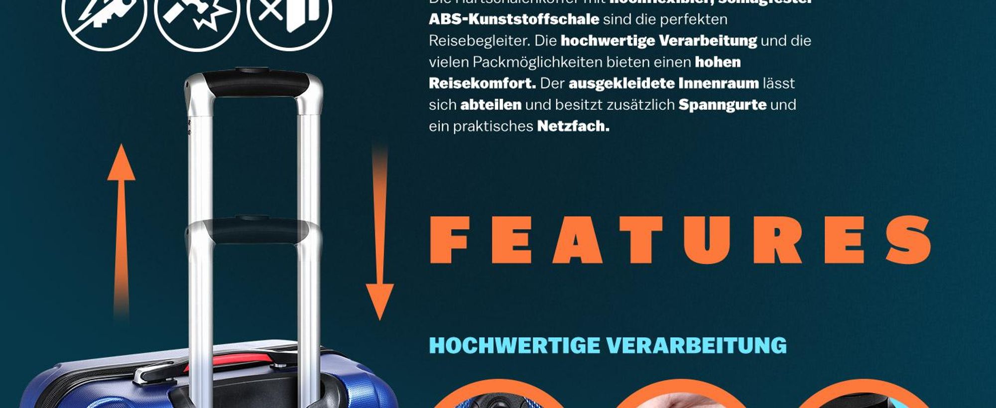 MONZANA® Kofferset 4tlg Hartschalen Koffer S-M-L-XL Gel-Griffe 4 Rollen ABS Hardcase Schloss Füße Trolley Rollkoffer Reisekoffer Set Navy