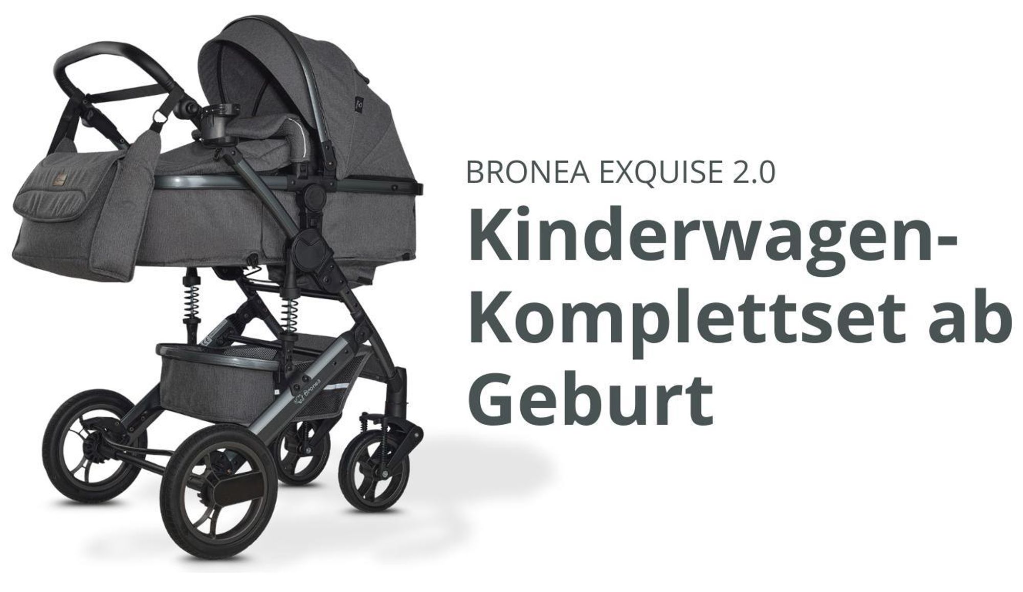BRONEA® EXQUISE 2.0 Kombi-Kinderwagen 3-in-1 mit MATRATZE & AUTO-BABYSCHALE, Buggy, Wickeltasche, Regenhaube, Mücken- & Sonnenschutz - Schwarz/Silber
