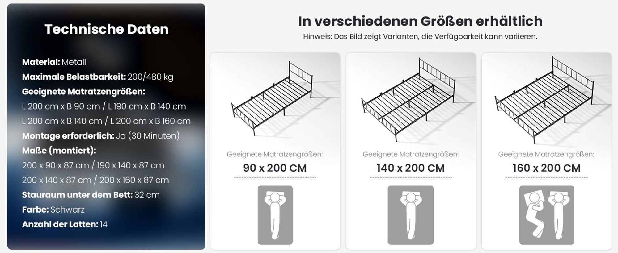 Bett 140 x 200 cm, Bettgestell Metall mit Kopfteil, Bettrahmen 36 cm Höhe mit 32 cm Stauraum, 14 Metalllatten, Geräuschlos, Schwarz