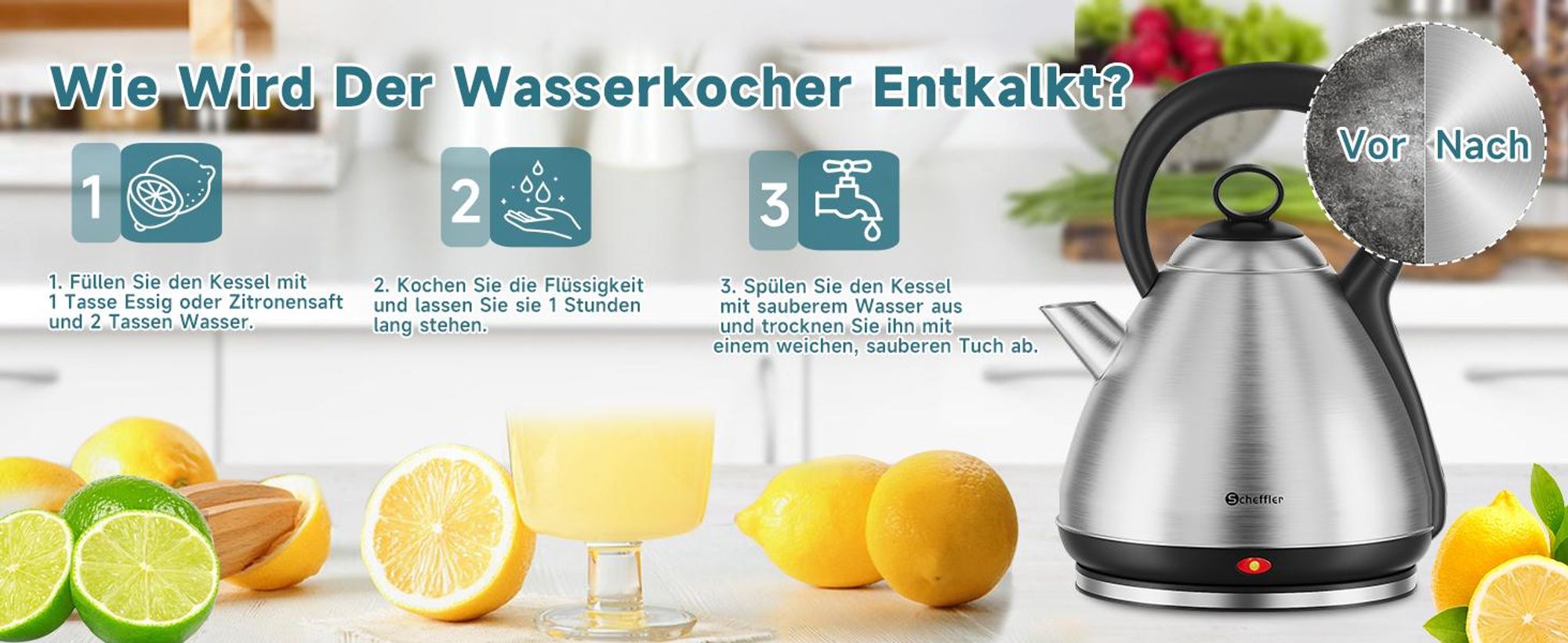 SCHEFFLER Wasserkocher Edelstahl 3,5Liter Teekocher Elektrischer Trockengehschutz Schnellkochfunktion Perfect-pour-Ausgustülle Fester Filter BPA-frei