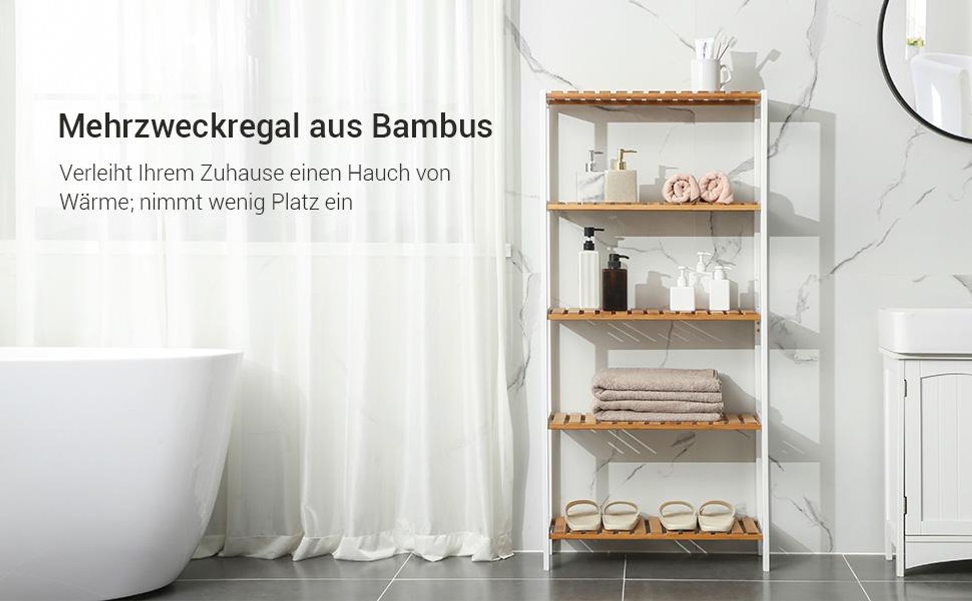 SONGMICS Badregal Bücherregal, 5 Ebenen, stufig höhenverstellbar, Bambus