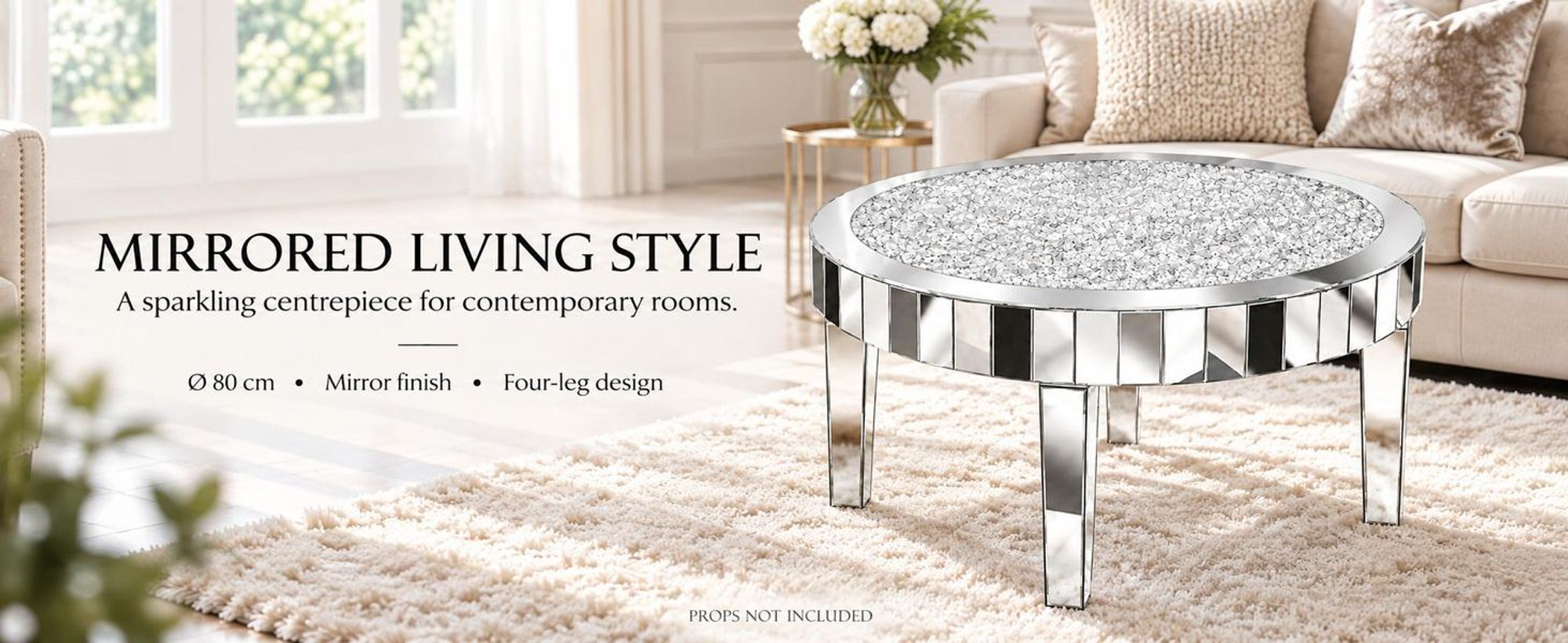 Vrygle Couchtisch rund Ø80 cm Spiegelglas Silber mit Glitzerdekor