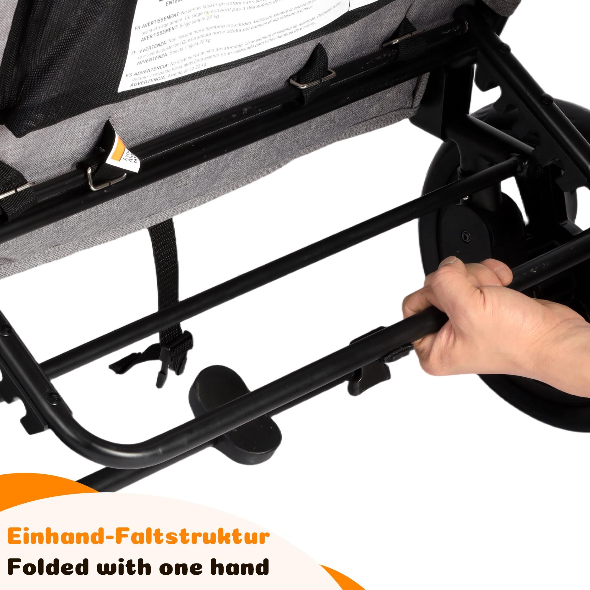 Flieks Bollerwagen faltbar mit Dach, Handwagen mit 5-Punkt-Gurt 4 Sitze, Sitz zu Bett umwandelbar, 8-fach Griffverstellung, 138x126x72 cm, Hellgrau