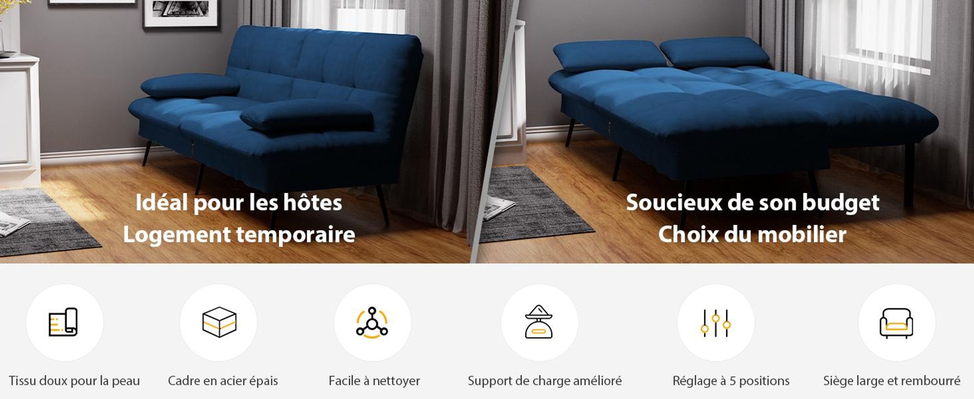 COMHOMA Canapé convertible avec fonction sommeil, housse Futon Canapé pliant, canapé-lit, canapé d'angle, canapé-lit d'appoint, canapé 3 places, avec dossier réglable en tissu, bleu