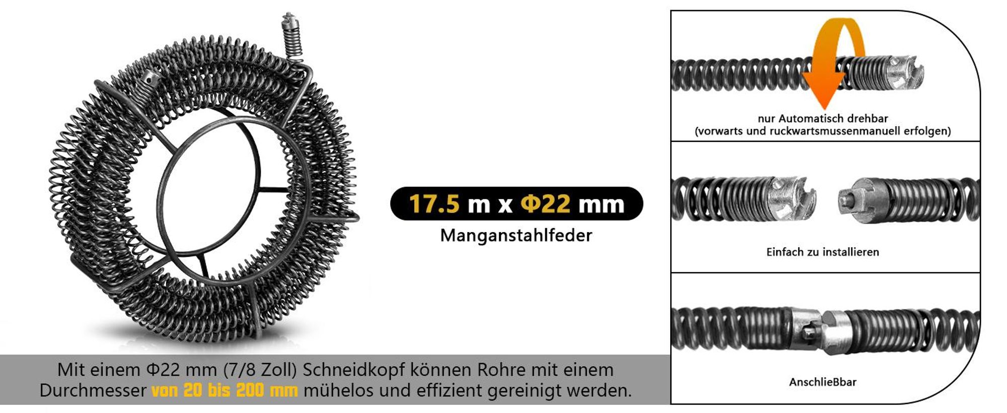 1250W Stark Rohrreinigungsspirale mit Rollen, 17.5m x Ø22mm Manganstahl Spirale, Abflussreiniger Rohrreiniger - Rohrreinigung von Rohren Ø20–200mm