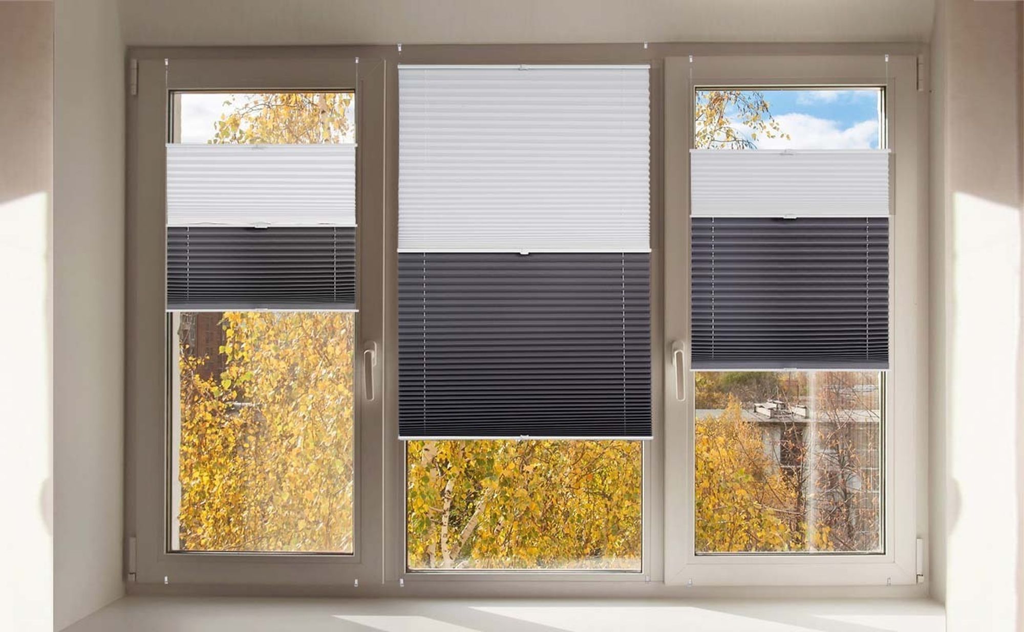 Sekey Plissee 40×130 cm ohne Bohren Day+Night Verdunklungsplissee Weiß+Grau Blickdicht Faltrollo Klemmfix 100% Verdunkelnd Sichtschutz für Fenster
