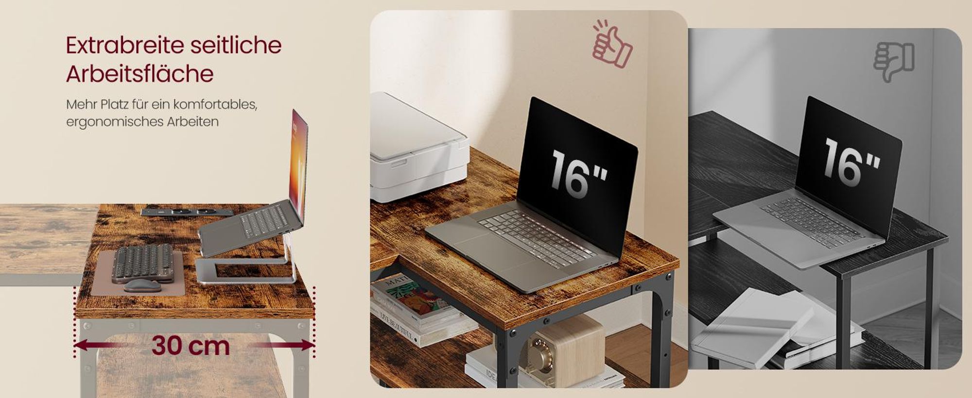 VASAGLE Schreibtisch mit Stauraum, L-Form Computertisch, höhenverstellbare Ablage, Büro, mit Ladestation, 120 x 80 cm, braun