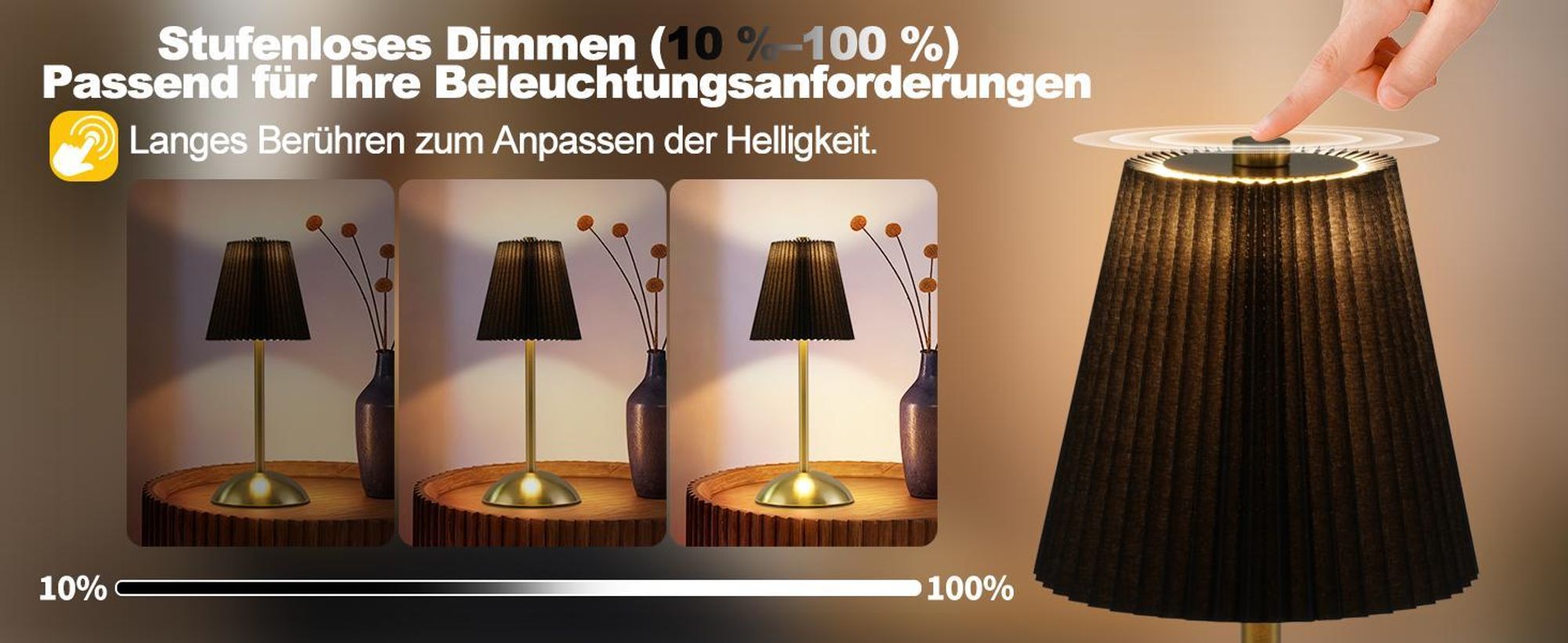 ZMH Lampa Stołowa Bezprzewodowa Lampa Nocna Zestaw 2 Bateryjnych Dotykowych Lamp Stołowych Czarna Ściemnialna 3 Kolorowa Lampa Sypialniana z USB Materiałowa Lampa Wewnętrzna do Jadalni