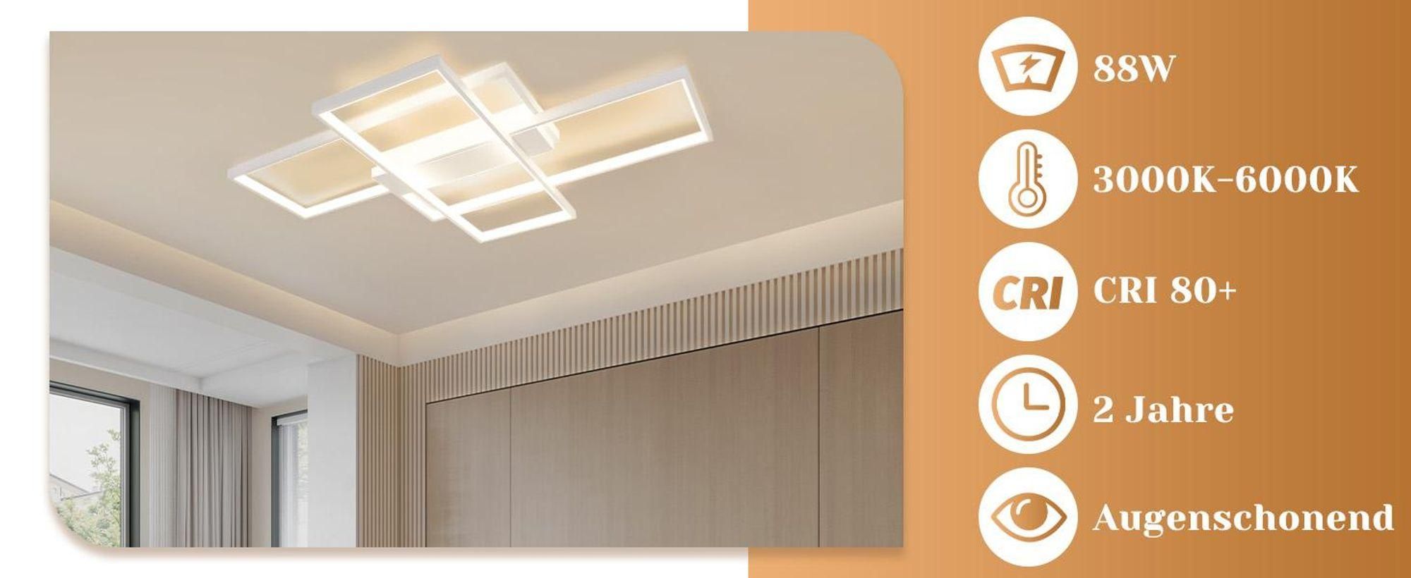 ZMH Lampa sufitowa LED Nowoczesna lampa sufitowa Duża biała lampa do salonu Ściemnialna z pilotem Geometryczna lampa do sypialni 88W Oświetlenie sufitowe