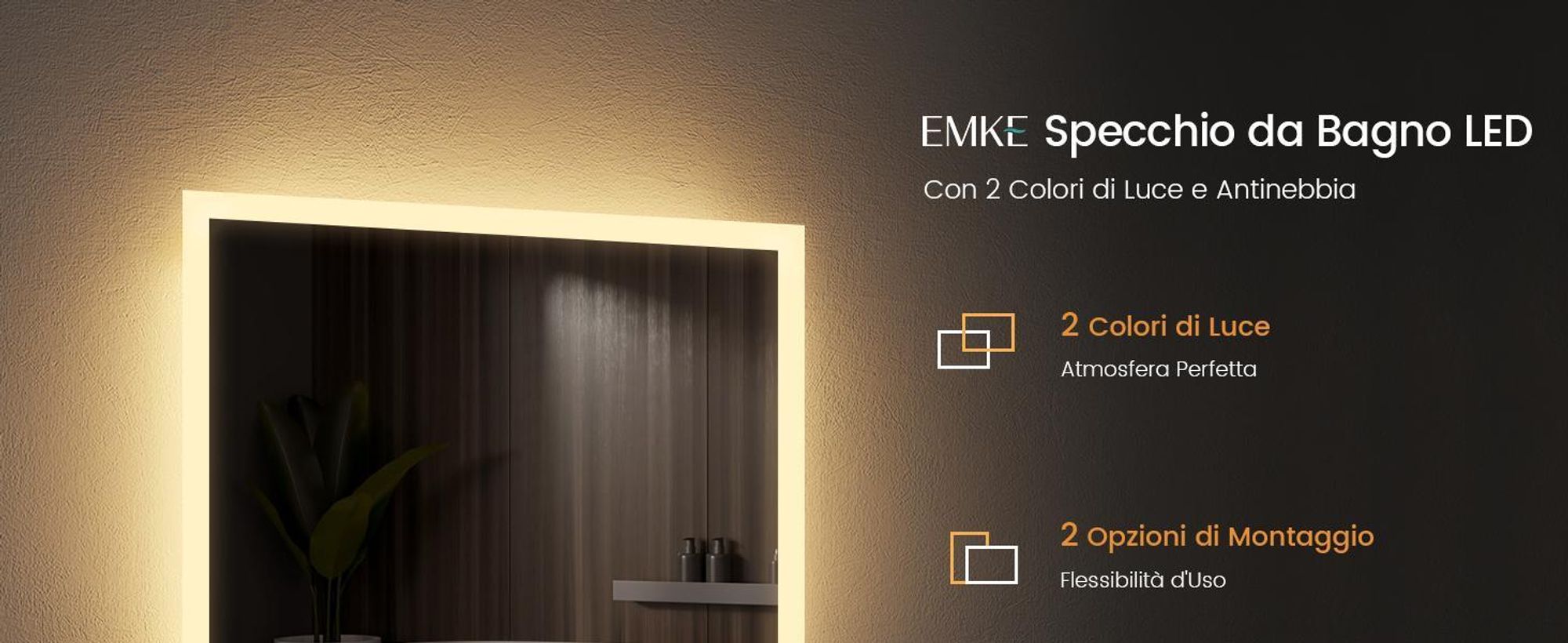Specchio da bagno EMKE LED 60x80 cm con illuminazione e antiappannamento, specchio da parete con interruttore meccanico Specchio da bagno 3000K/6500K Colori della luce