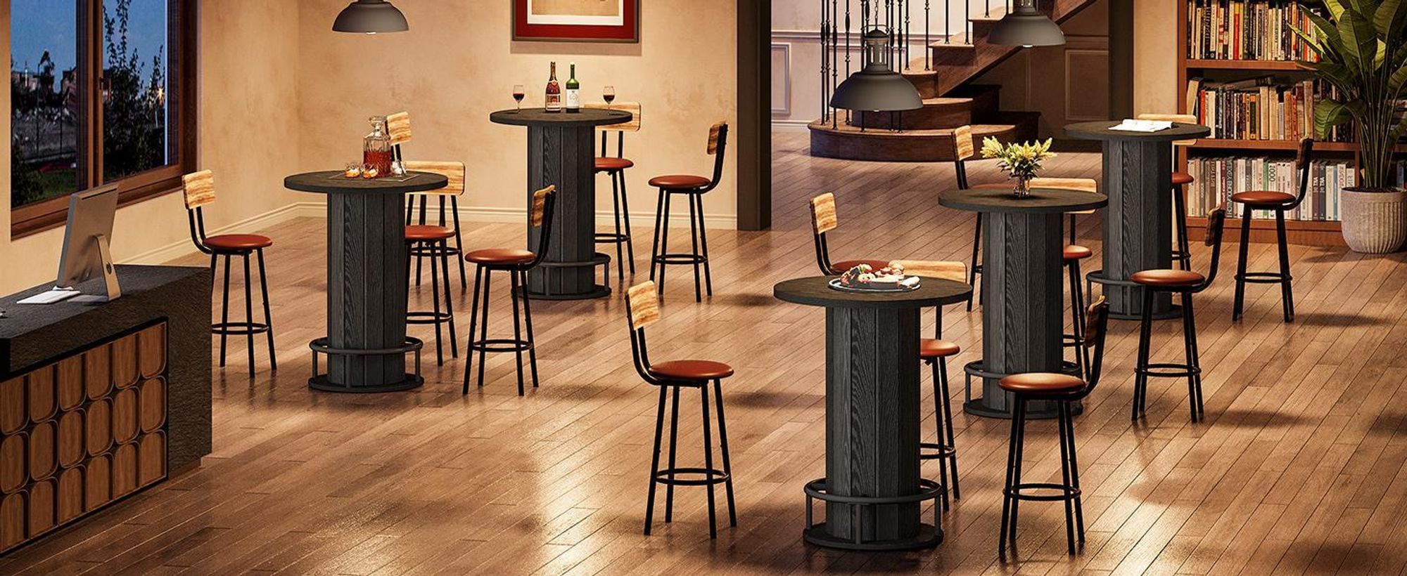 Tribesigns okrúhly barový stôl, výška 100 cm, drevený bistro stôl s kovovou podnožou na krúžky pre jedáleň, kaviareň, malé miestnosti, čierny