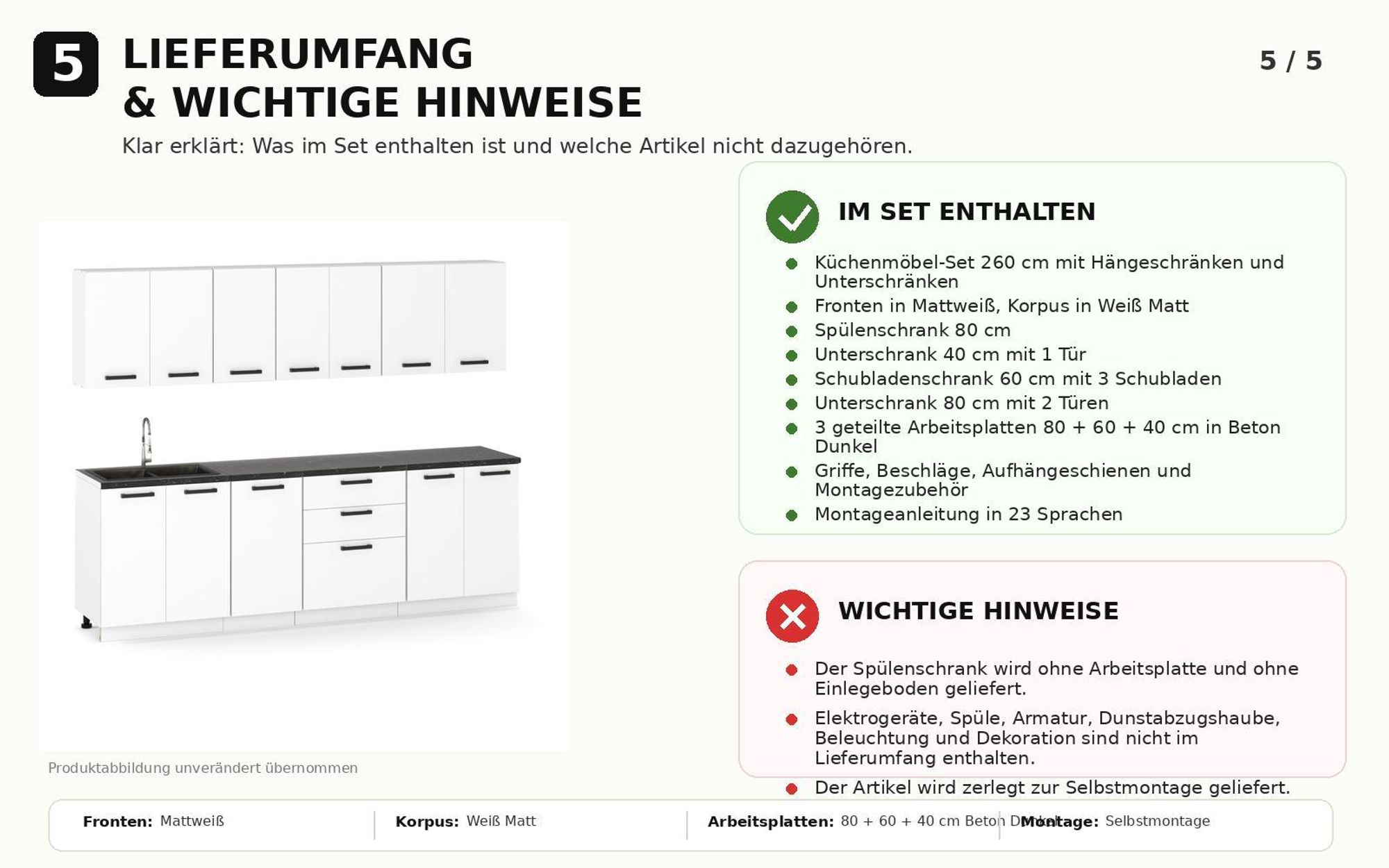 Lieferumfang der Küchenzeile 260 cm mit Schränken, Arbeitsplatten und Montagezubehör.