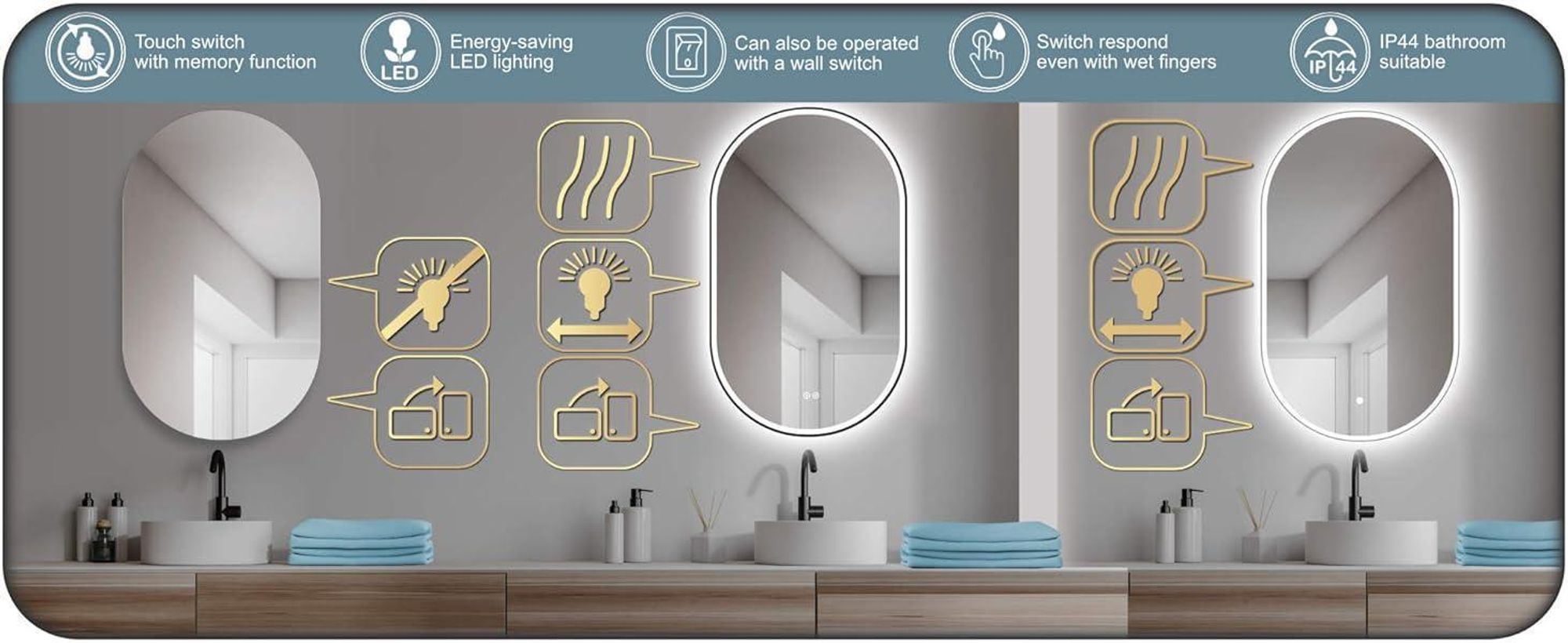 HOKO Miroir ovale LED avec cadre métallique 50x90 cm Anti-buée Blanc chaud & Blanc froid Salle de bain & couloir Capteur tactile & fonction mémoire