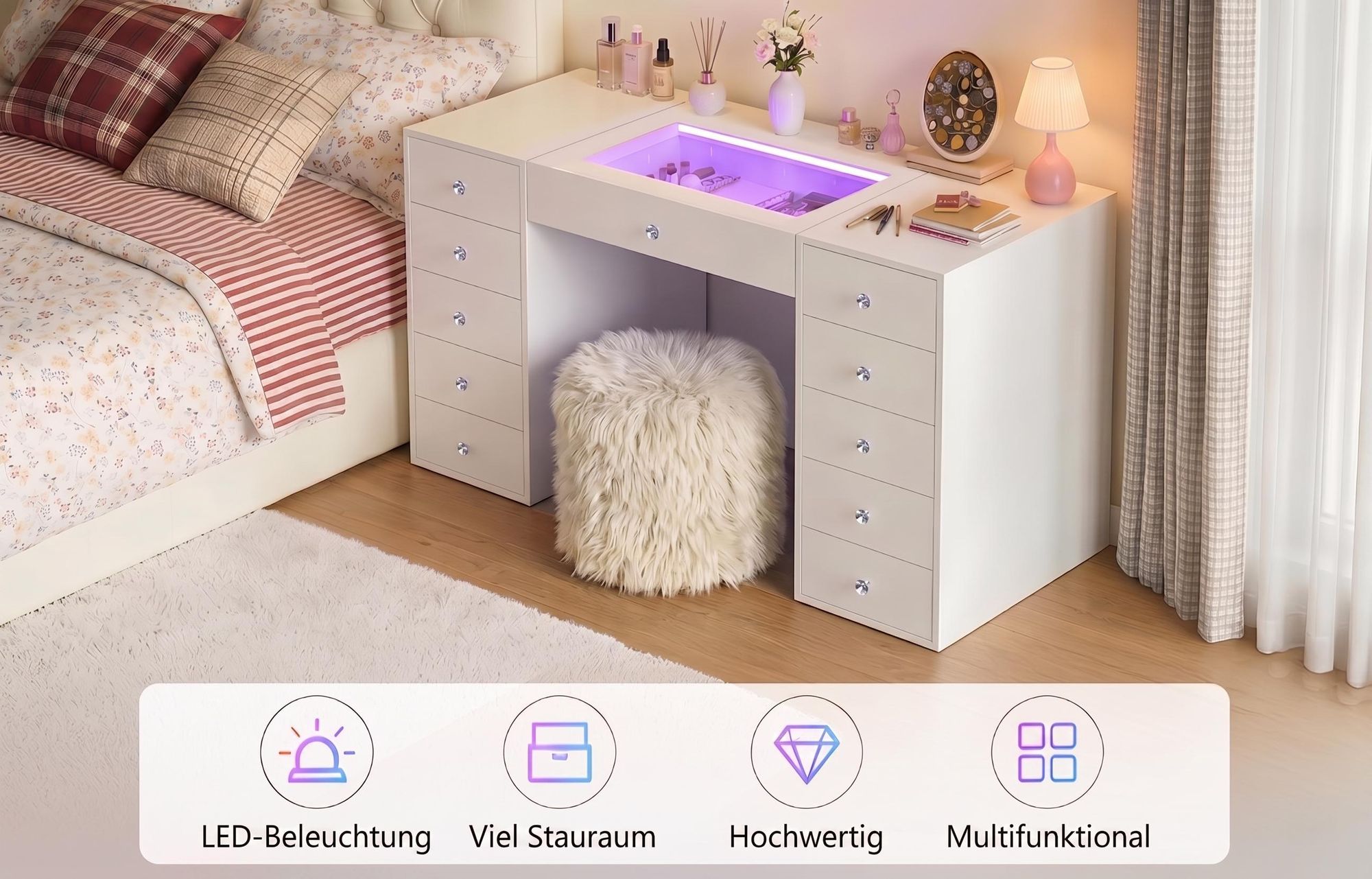 VANITII Schminktisch mit Spiegel Beleuchtung LED 11 Schubladen Weiβ 130 x 55 x 127 cm