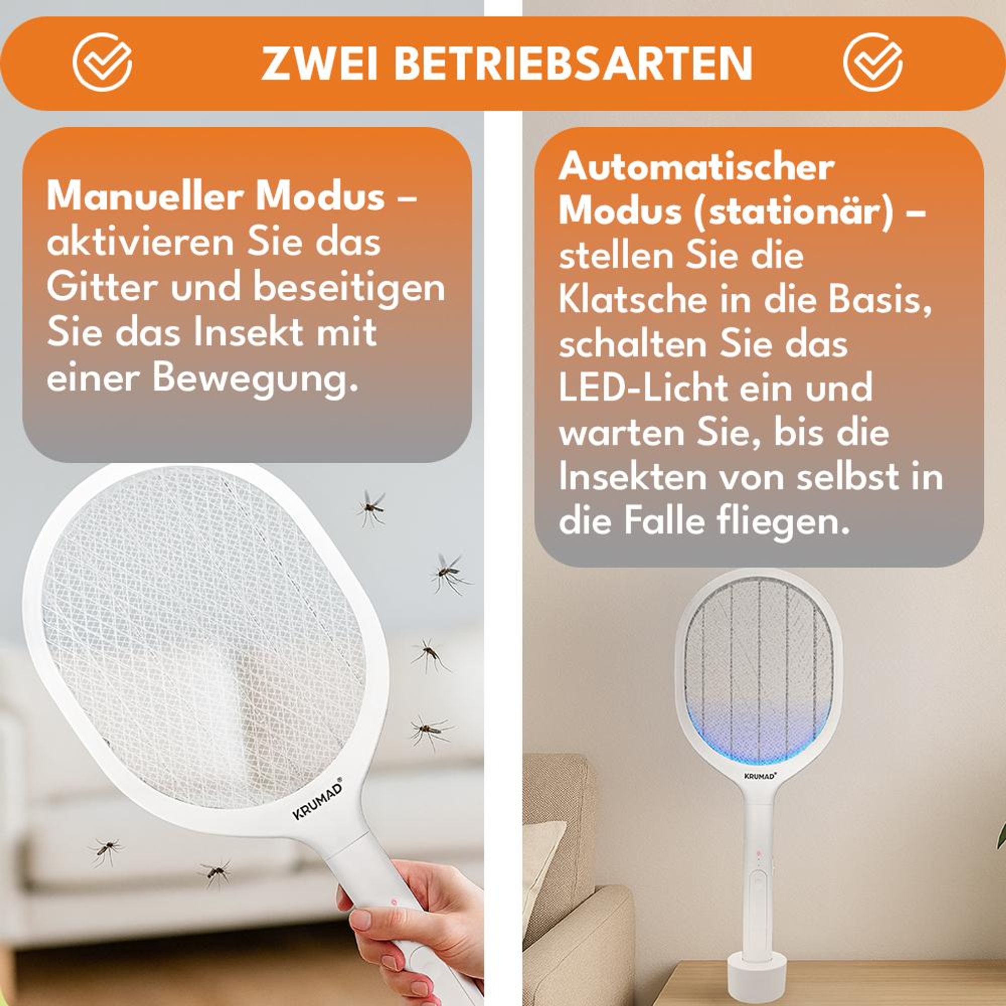 KRUMAD Elektrische Fliegenklatsche 2-in-1 – USB-C aufladbar, LED, 3-lagiges Schutznetz & Standfuß – Insektenvernichter gegen Mücken, Fliegen & Wespen