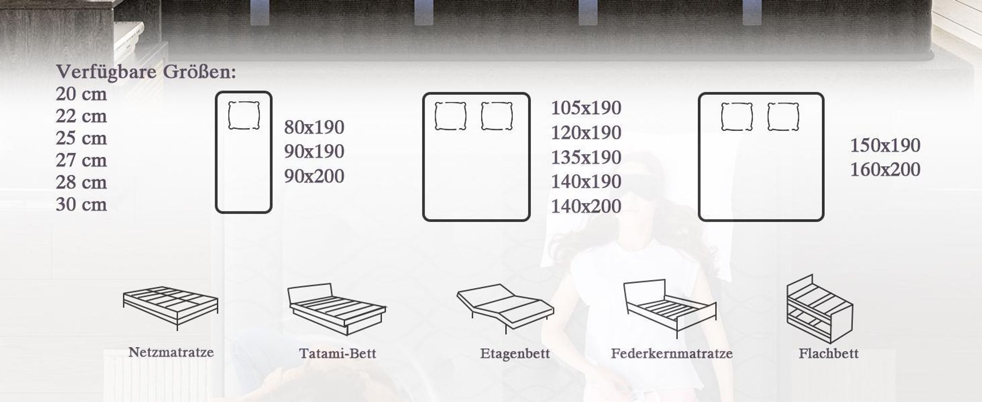 DEWINNER, Matratze Geräuschlose 140x190, Höhe 28 cm, Gedächtnisschaum, Hautfreundliches Graues Obermaterial, Fester Komfort, Atmungsaktiv, 7 Zonen