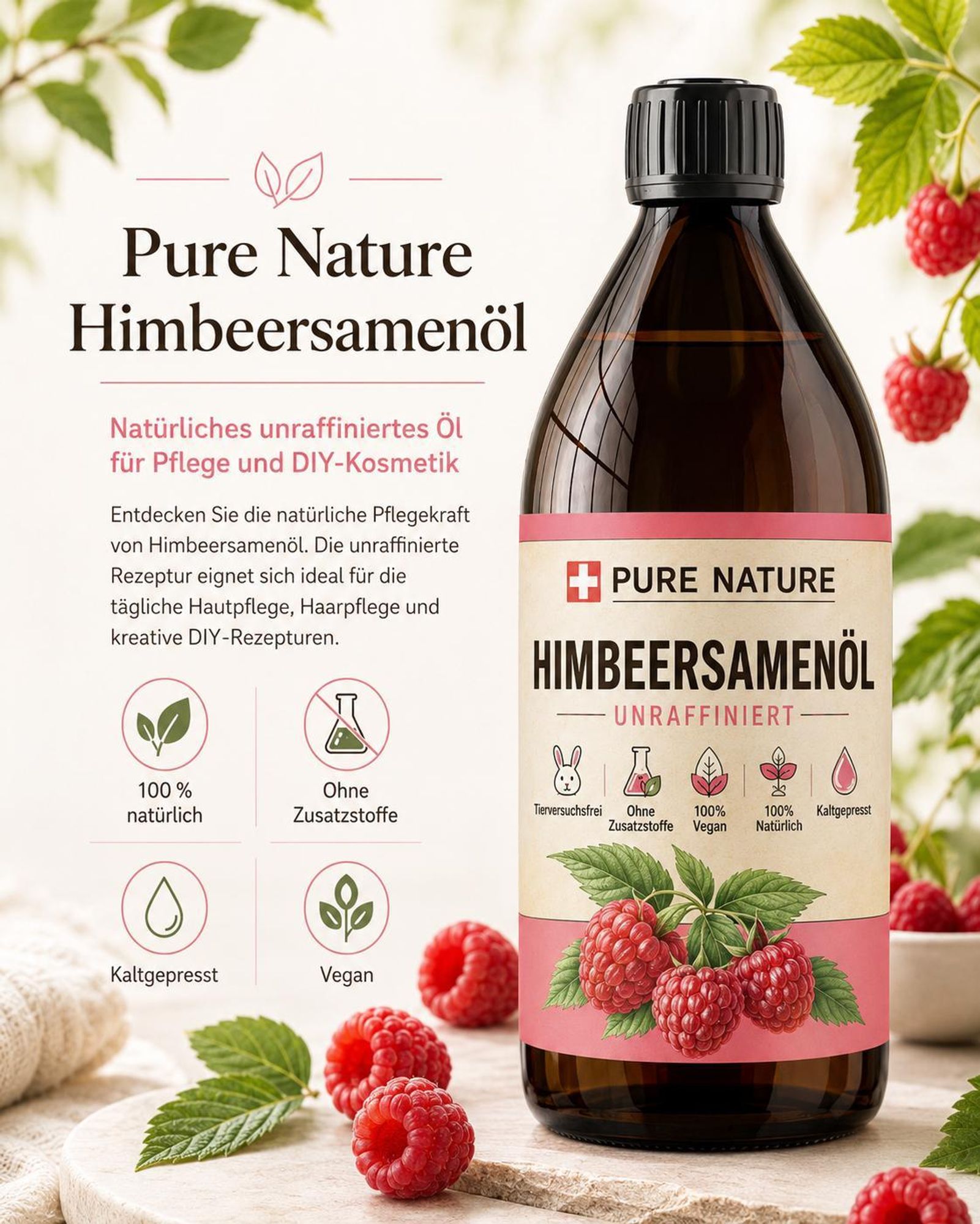 PURE CHEMICAL | Himbeersamenöl | unraffiniert | natürlich | kaltgepresst + Spender | 1 L