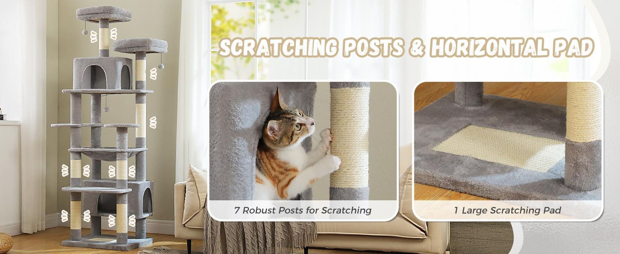 PURPURRA Robuster Kratzbaum für große Katzen, 200 cm hoher Katzenturm mit 2 Sitzstangen, 2 Höhlen und geräumiger Hängematte, XL extra große Höhle