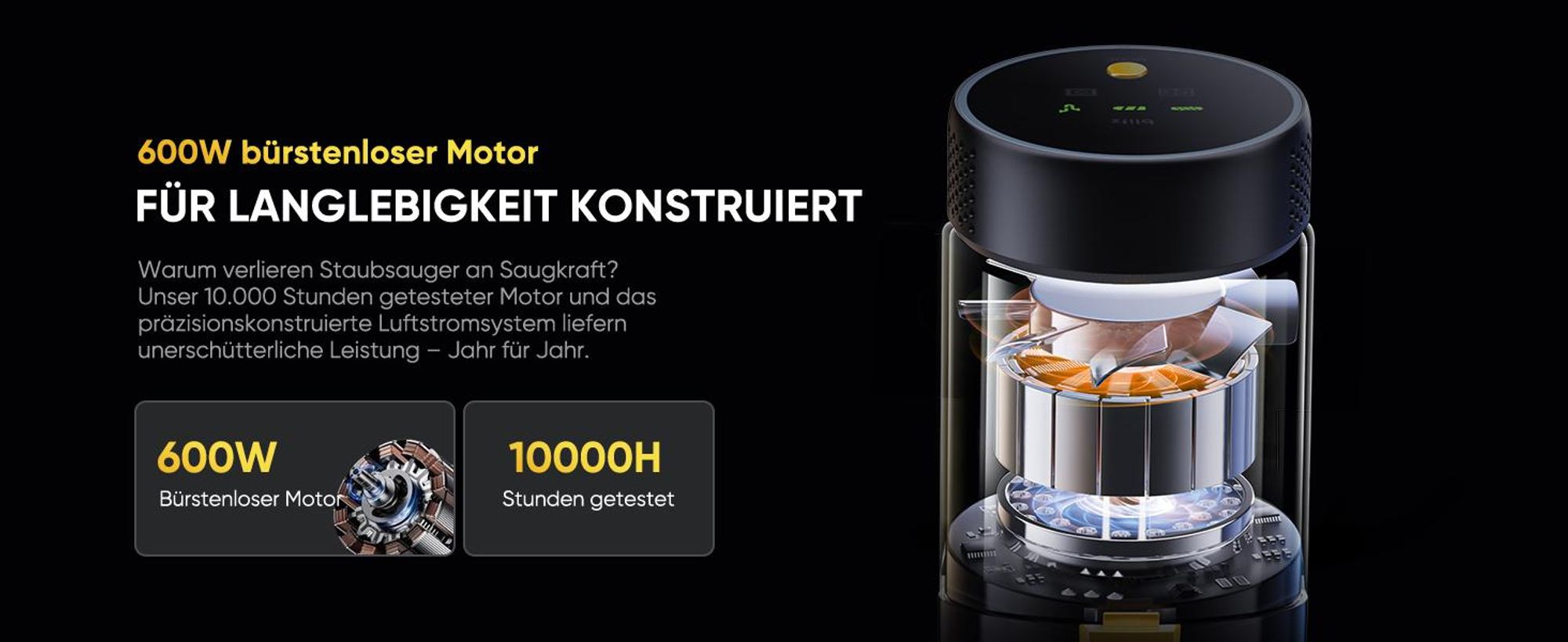 Vactidy V12 Akku Staubsauger/ 55Min/ 60kPa /600W/ 2,2kg/ Anti-Verhedderungs-Bürste, GreenEye Technologie, LED Touchscreen, für Hartböden, Teppiche