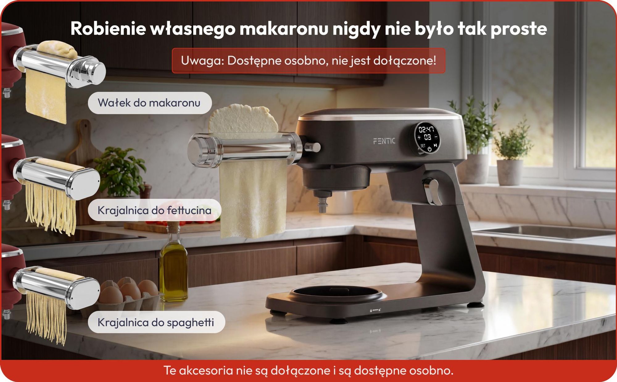 Fentic Robot Kuchenny 1800W, Misa nierdzewna 7L, Mikser planetarny do ciasta na chleb i pizzę, 10 prędkości z timerem & osłona przeciwbryzgowa