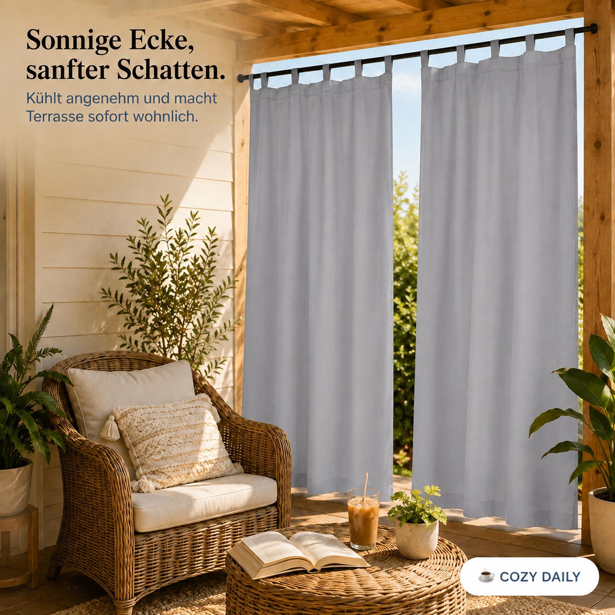 2Stk Outdoor Vorhang Wasserdicht mit Klettverschluss Schlaufen - Hellgrau Thermovorhang Blickdicht Garten Terrasse Pergola Balkon B*H: 132x241cm