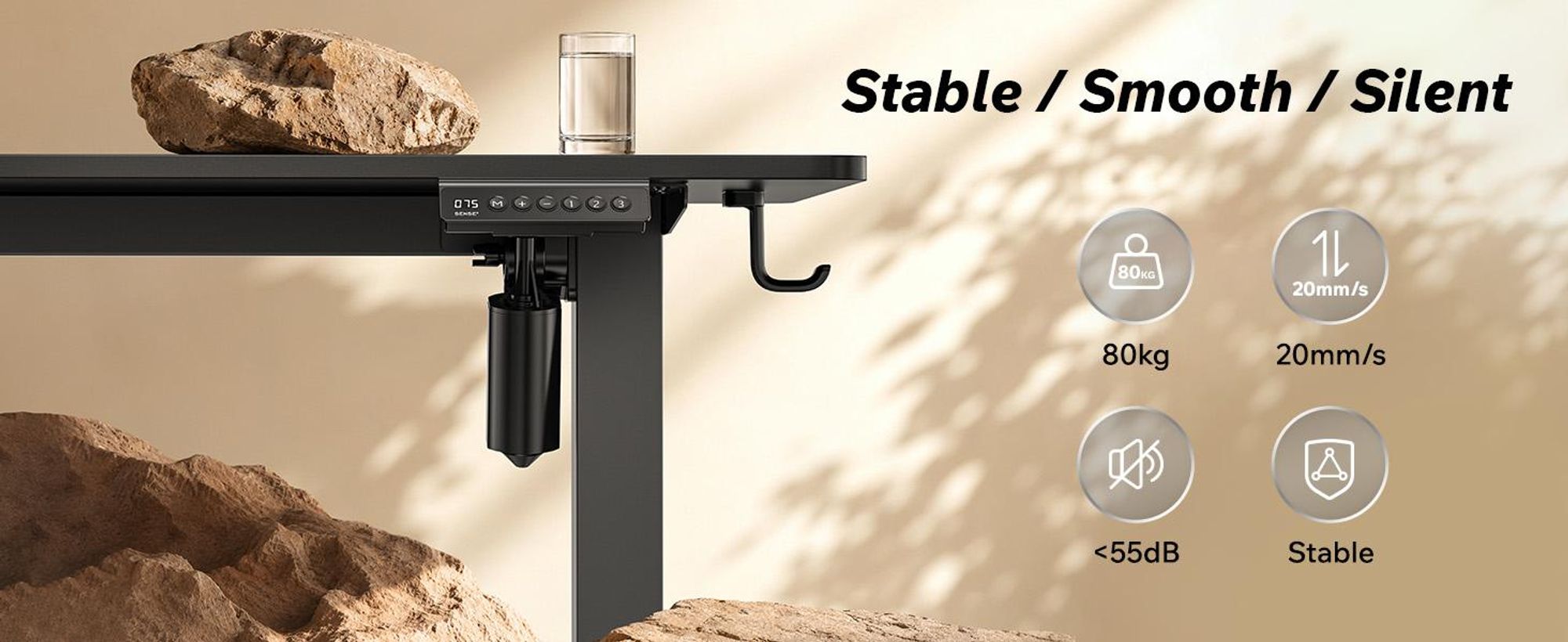 SENSE7 NOJO, rohový písací stôl, model Light Corner, elektricky nastaviteľná výška, rozmer 160x140, tvar L, stojací písací stôl, dvojitý motor, nastaviteľná výška s pamäťou, čierna farba