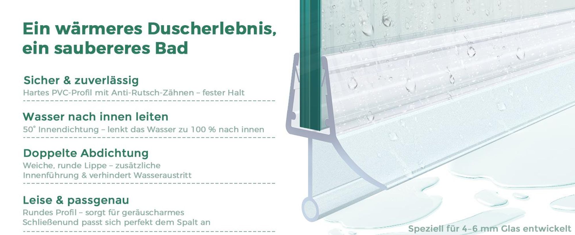 S'AFIELINA Ersatzdichtung Wasserabweiser Duschdichtung Schwallschutz Duschkabine Bad 4-6mm Glas 60cm 2 Stück