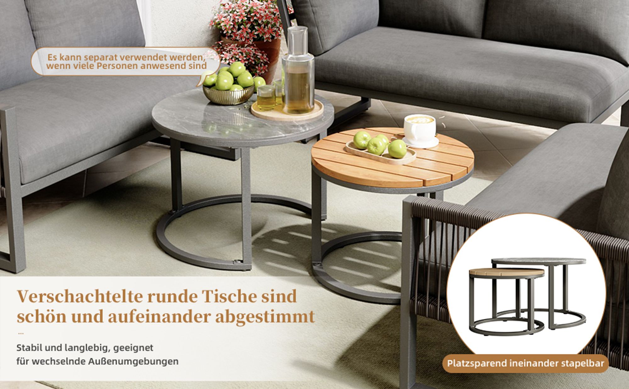okwish Garten-Lounge-Set,Essgruppe,Möbelset für 6-7 Personen, Sitzgruppe mit Sofa&Tisch,inklusive aller Sitz- und Rückenkissen, grau