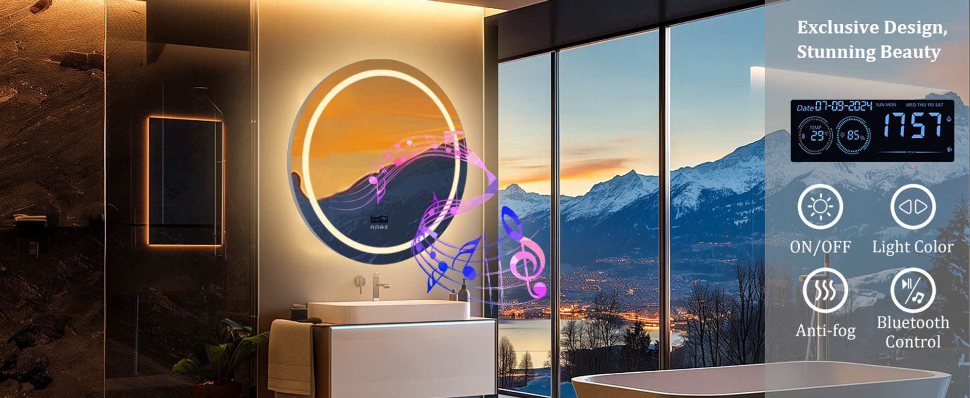 WISFOR LED Badspiegel mit Bluetooth Lautsprecher, 80×80cm Badezimmerspiegel mit Beleuchtung 3 Lichtfarbe, LED Wandspiegel dimmbar beschlagfrei, Touchs