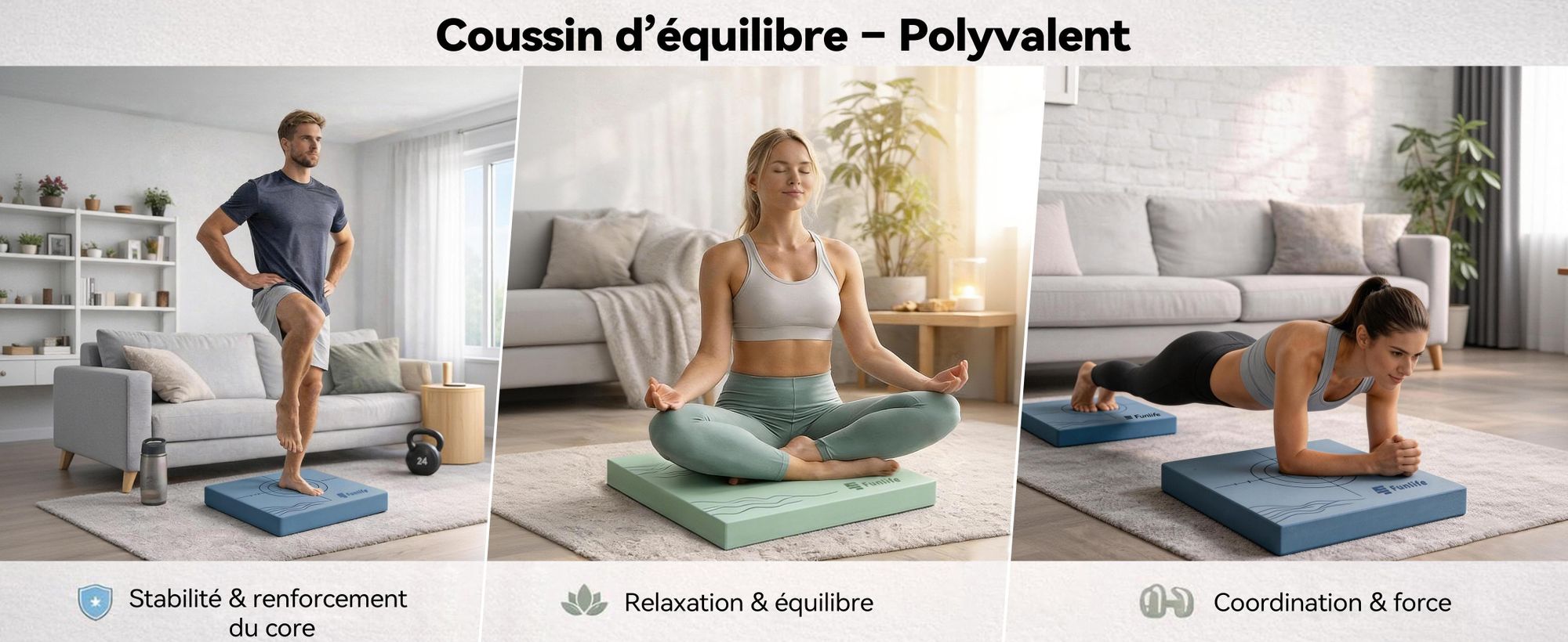 FunLife Balance Pad 40x40x5 cm – Coussin d'équilibre pour l'entraînement du tronc, la coordination, l'équilibre et le yoga, jusqu'à 150 kg