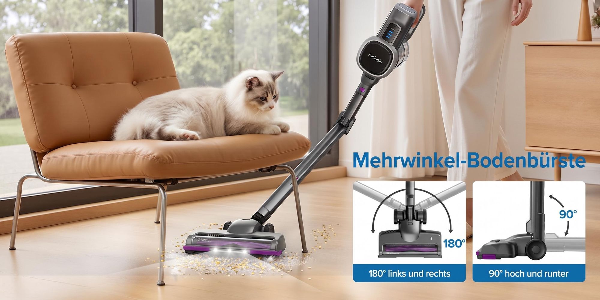 Lubluelu Akku-Staubsauger,80000PA/ 650W/50Min, Staubsauger Kabellos Mit Selbststehendes Design, Flexibles Biegegelenk, Anti-Tangle Bodenbürste,P5