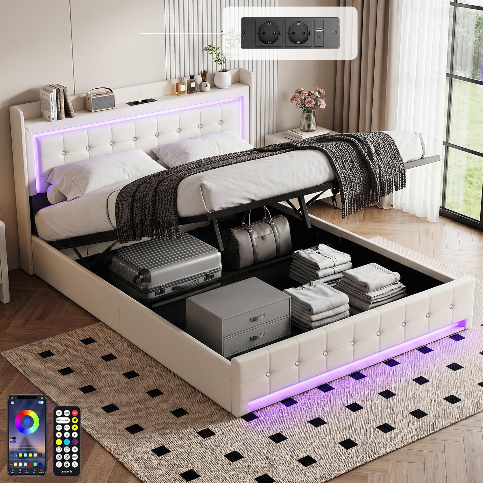 OYAJIA Polsterbett Doppelbett 140×200 mit Led Kopfteil und Hydraulischem Stauraum,Jugendbett mit USB&Type-C Ladestation,Stauraumbett Funktionsbett
