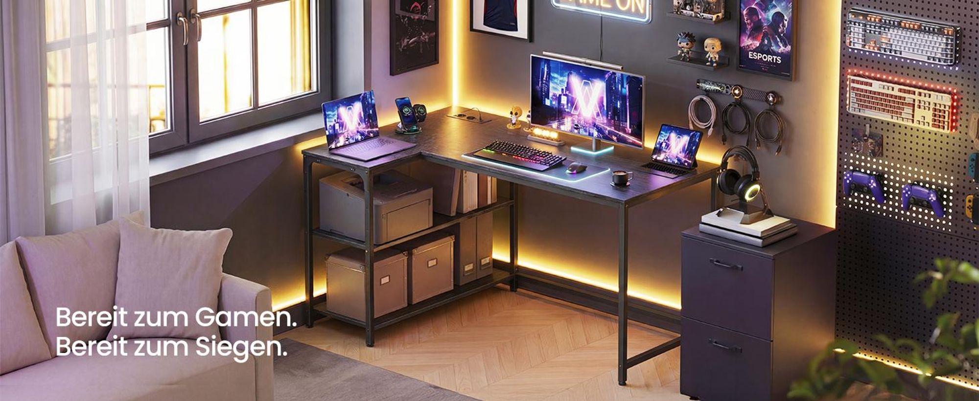 VASAGLE Schreibtisch mit Stauraum, L-Form Computertisch, höhenverstellbare Ablage, Büro, mit Ladestation, 120 x 80 cm, schwarz