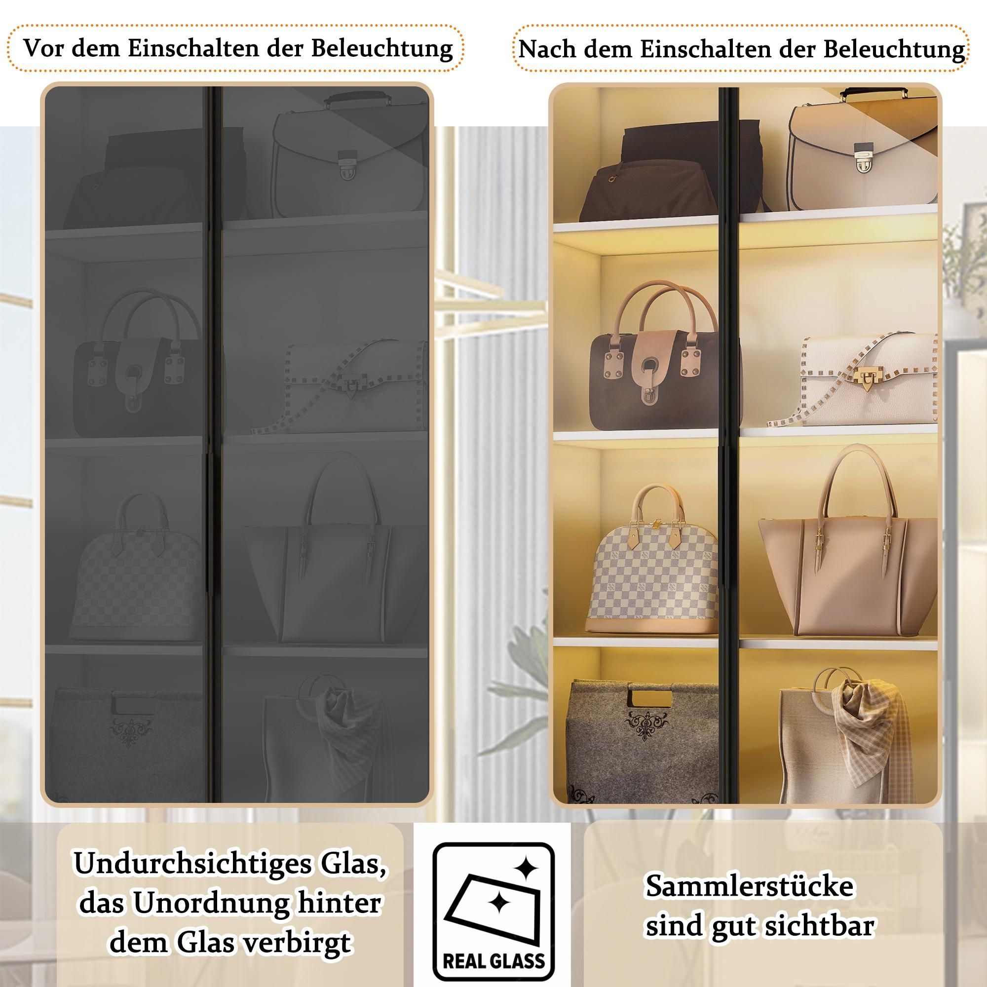 Merax Glasvitrine mit 2 Schubladen, mit Farbwechsel-LED, Hochschrank, Stehend Vitrinenschrank für Wohnzimmer Schlafzimmer, 60x40x160cm, Weiß