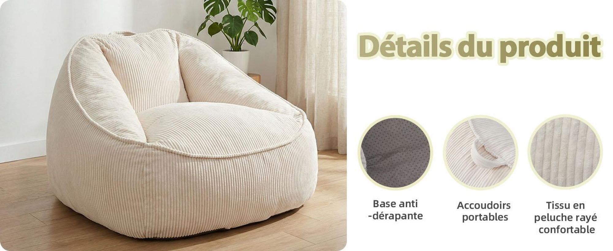 Pouf géant pour adulte, rembourrage en mousse déchiquetée, canapé de sol moelleux, forme poire, beige