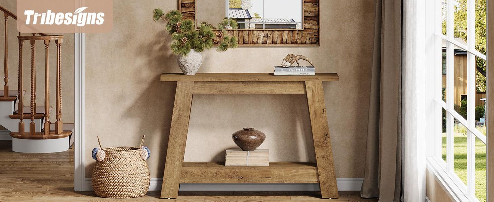 Tribesigns Konsolentisch im Landhausstil, 2-stufiger Holztisch mit Stauraum, rustikal, schmal, für Wohnzimmer, Flur, Eingangsbereich, Natur